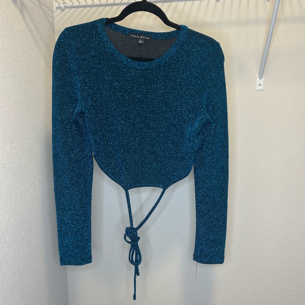 Blue Sparkly Long Sleeve Shirt with Waist Wrap Design